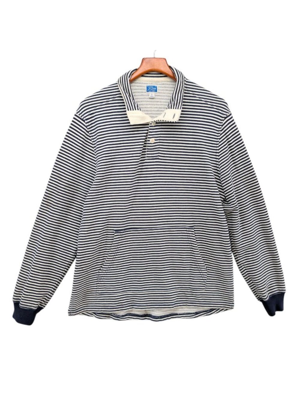 J.CREW French Terry Mockneck Sweatshirt Mens Navy Cream Stripe Button Size L